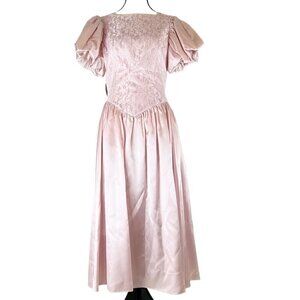 Vintage J.C. Penny Pink Lace & Satin Prom Formal Maxi Dress Puff Sleeves Size 11